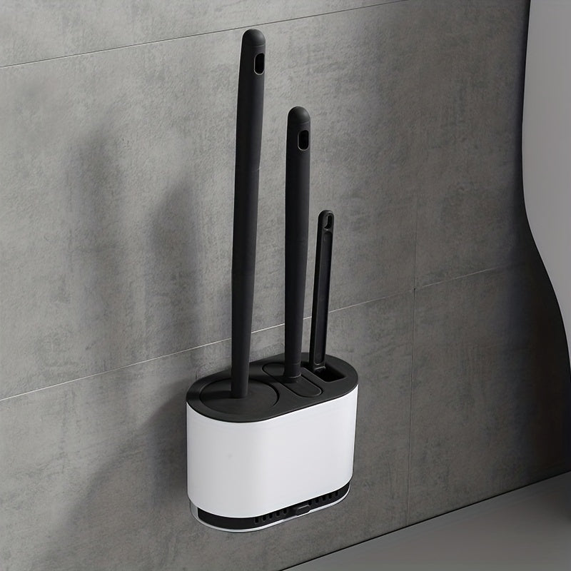 Black silicone toilet brush and holder set with ergonomic no-slip long handle for bathroom cleaning — view 3