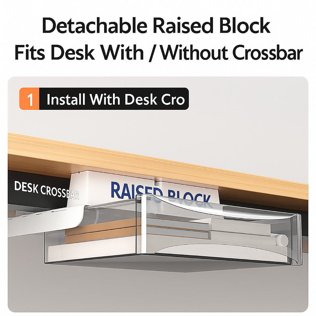 Under table hidden drawer desk organizer in black plastic mounted beneath a wooden tabletop workspace — view 4