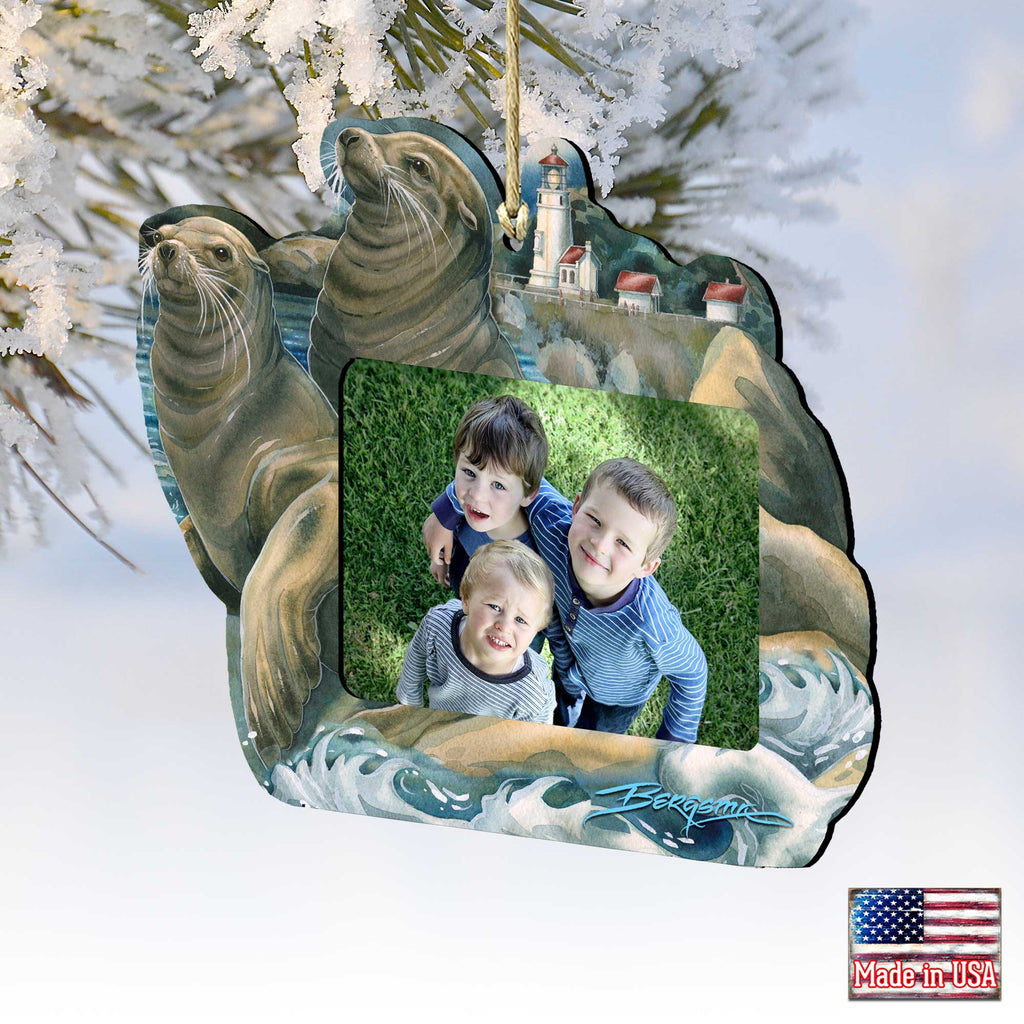 Wooden sea lions and lighthouse picture frame ornament with coastal art for holiday tree decor — view 5