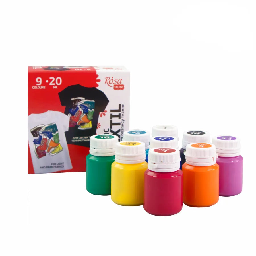 Rosa STYLE fabric paint set featuring nine bright acrylic colors in jars for textile art — view 3