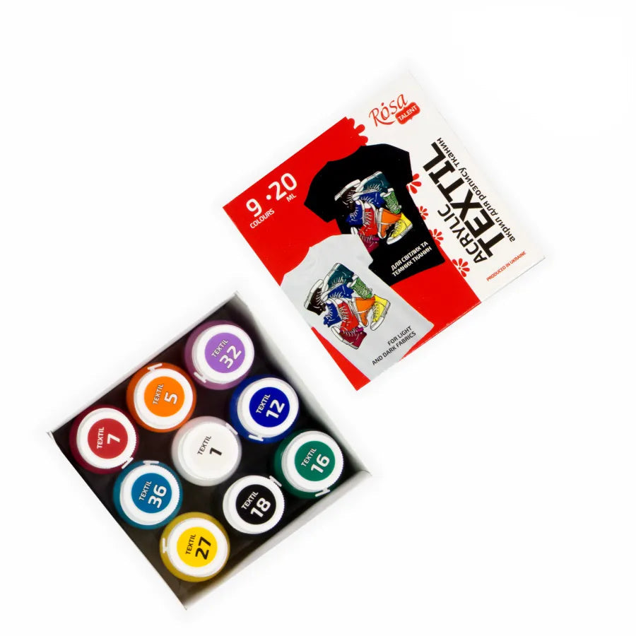 Rosa STYLE fabric paint set featuring nine bright acrylic colors in jars for textile art — view 4