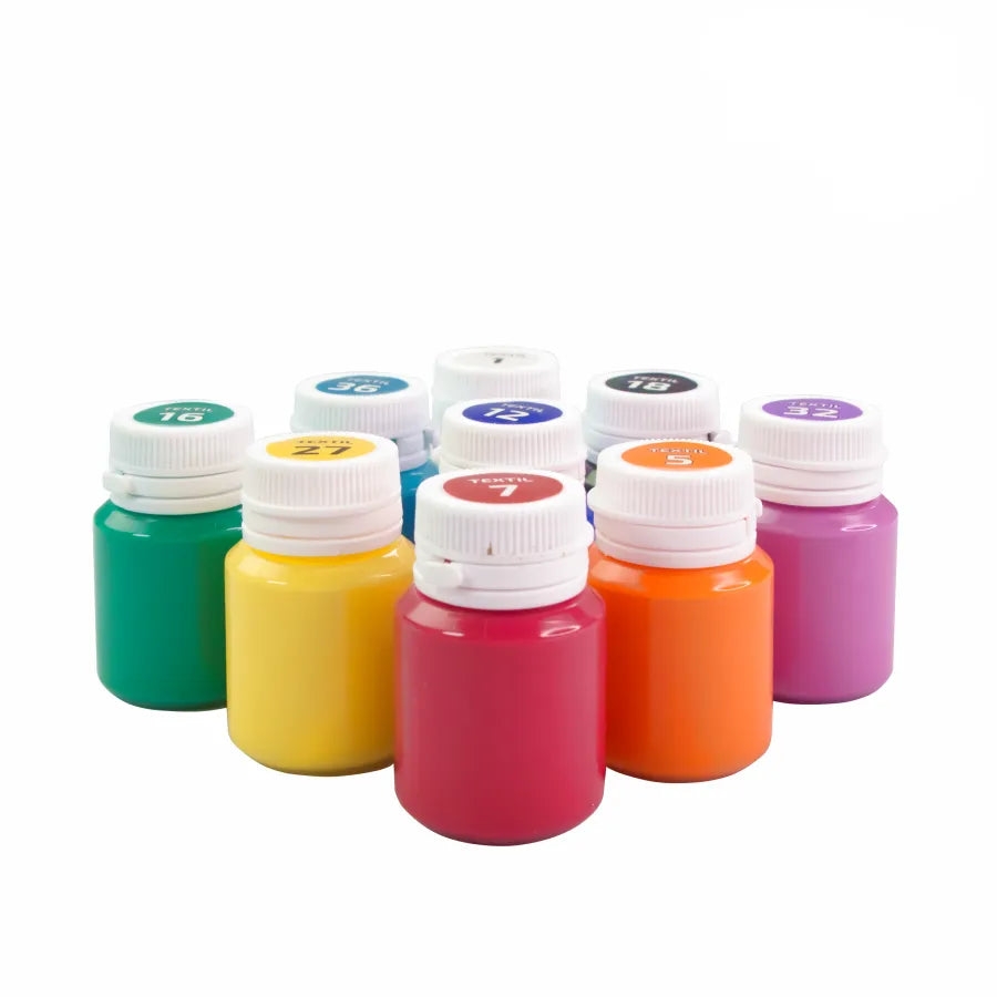 Rosa STYLE fabric paint set featuring nine bright acrylic colors in jars for textile art — view 2