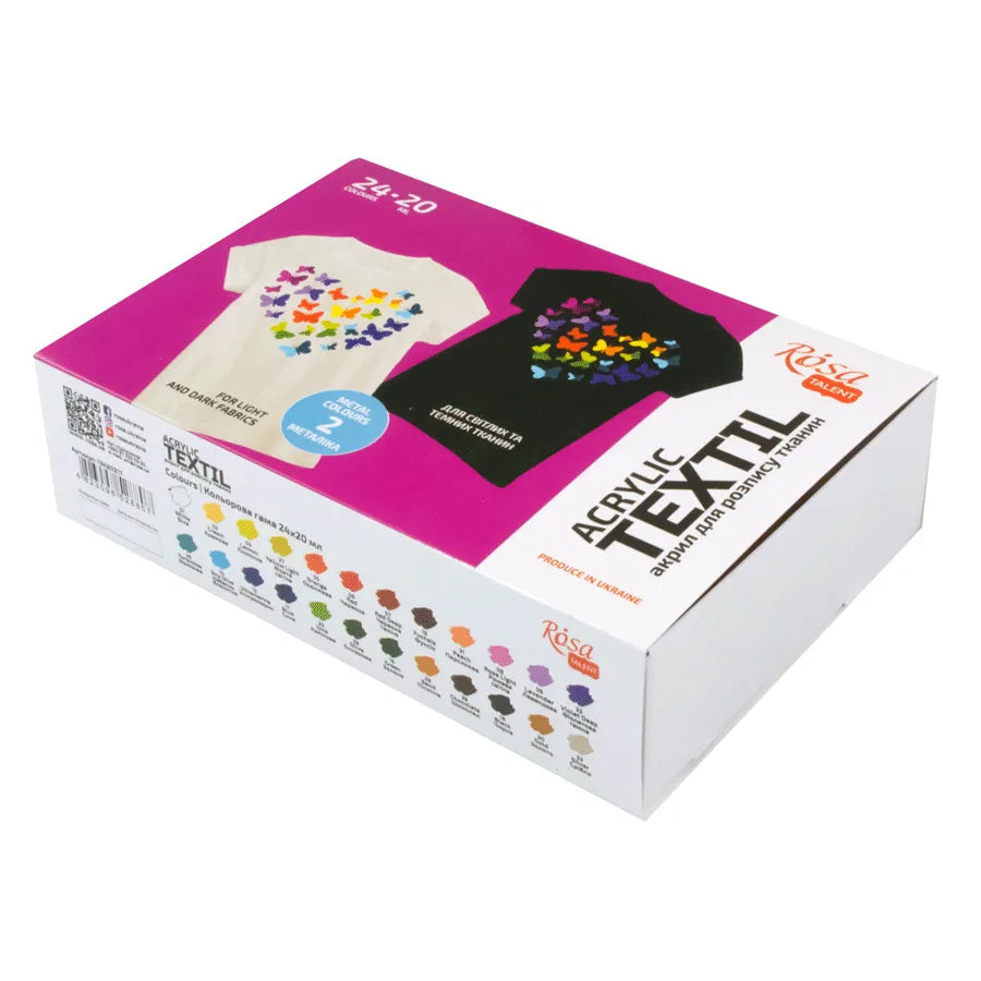 24-color textile acrylic paint set featuring bright shades and two metallic finishes for fabric crafting
