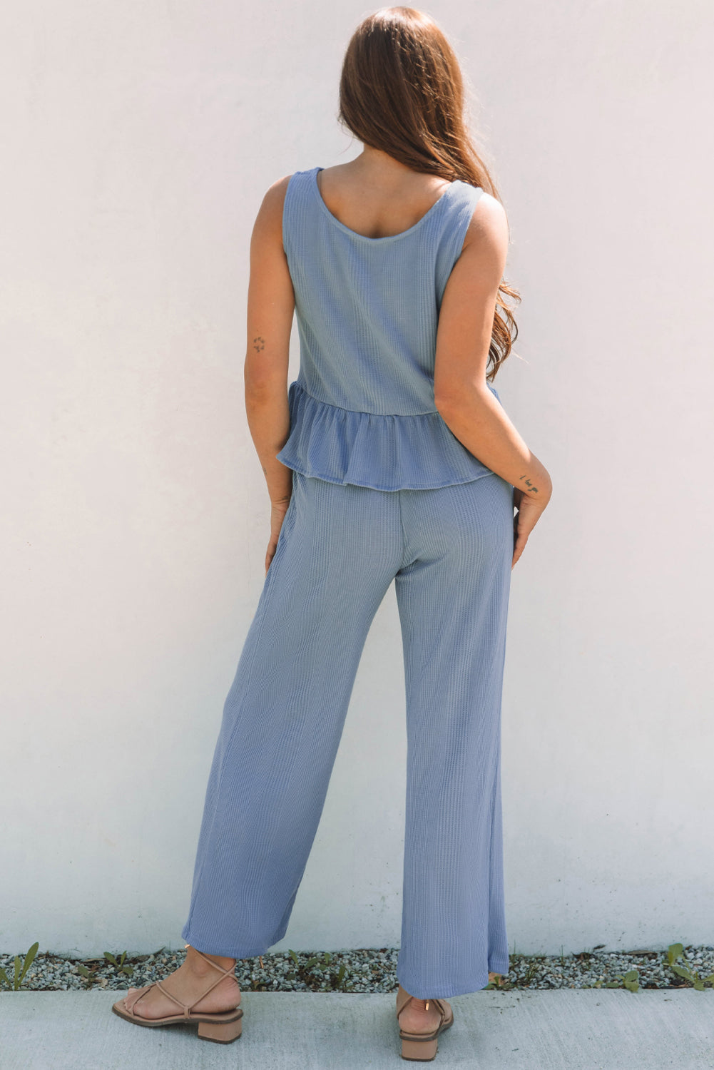 Beau blue ribbed ruffle tank top and wide leg lounge pants set on female model — view 2