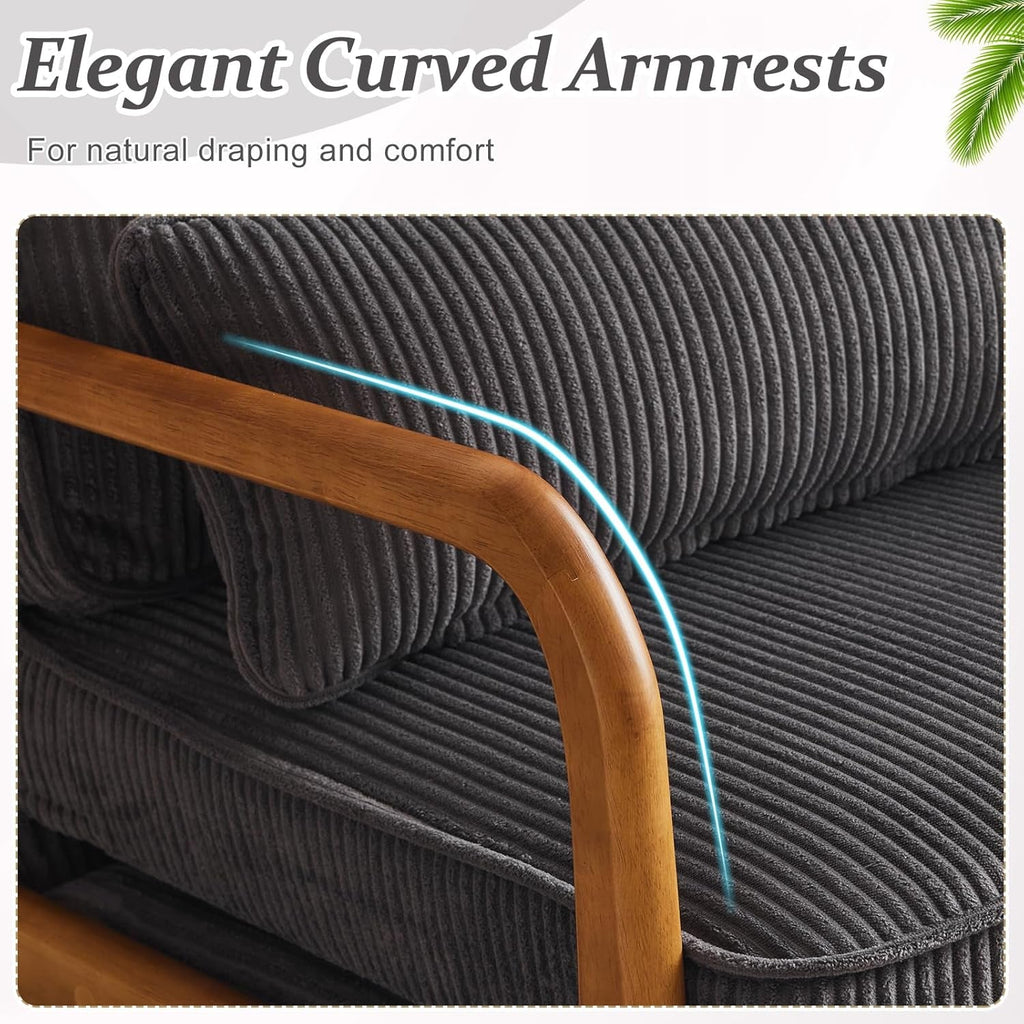 Dark grey corduroy upholstered accent chair with solid wood frame and dedicated lumbar support pillow — view 3