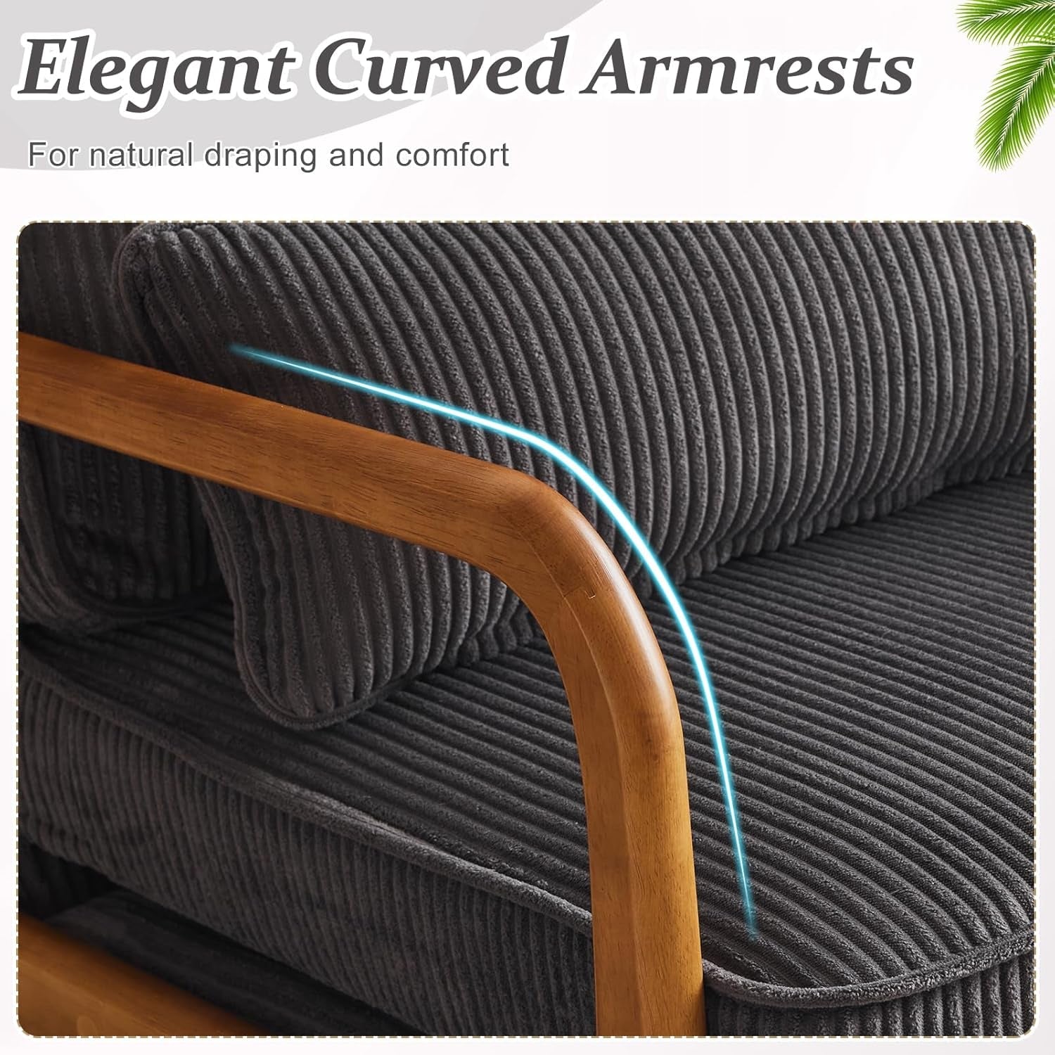 Dark grey corduroy upholstered accent chair with solid wood frame and dedicated lumbar support pillow — view 3