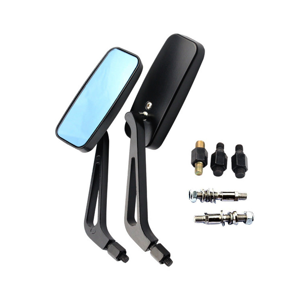 Black aluminum motorcycle mirrors with smoke blue anti-glare lenses and mounting hardware — view 3