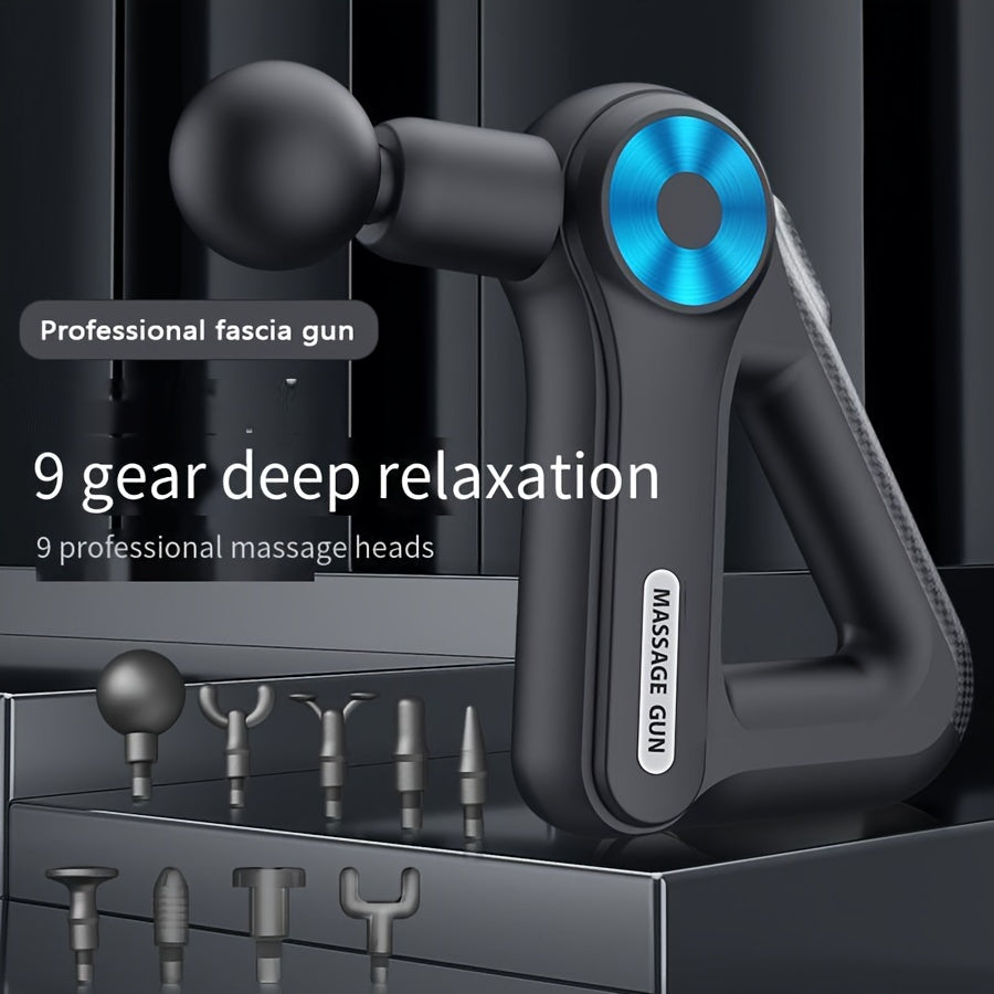 Black 9-speed rechargeable fascia massage gun with nine interchangeable attachment heads for deep tissue relief — view 2