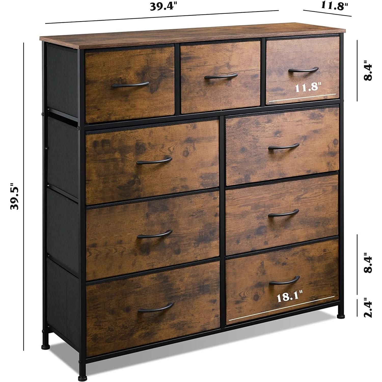 Dark grey chest of drawers featuring nine fabric bins, wood top, and black metal frame. — view 3