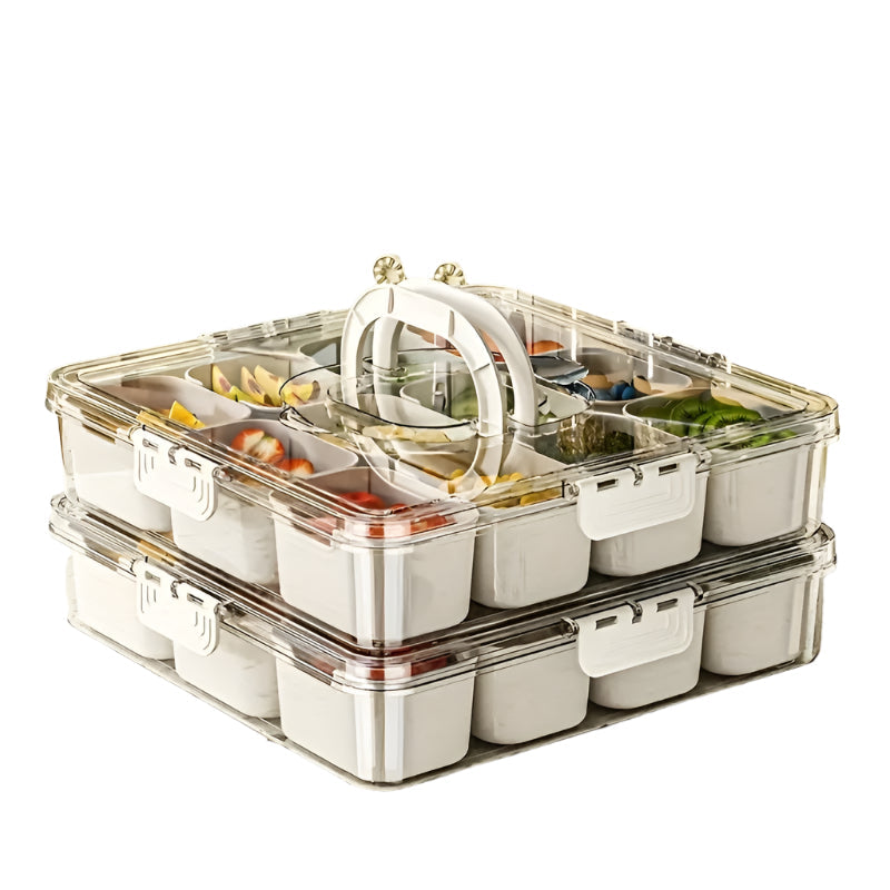 White clear 8 compartment food storage container with airtight lid and built in carrying handle