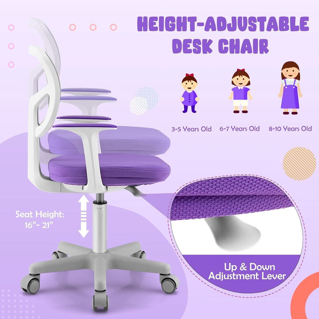 Violet ergonomic kids desk chair with breathable mesh back, armrests, and rolling casters. — view 5