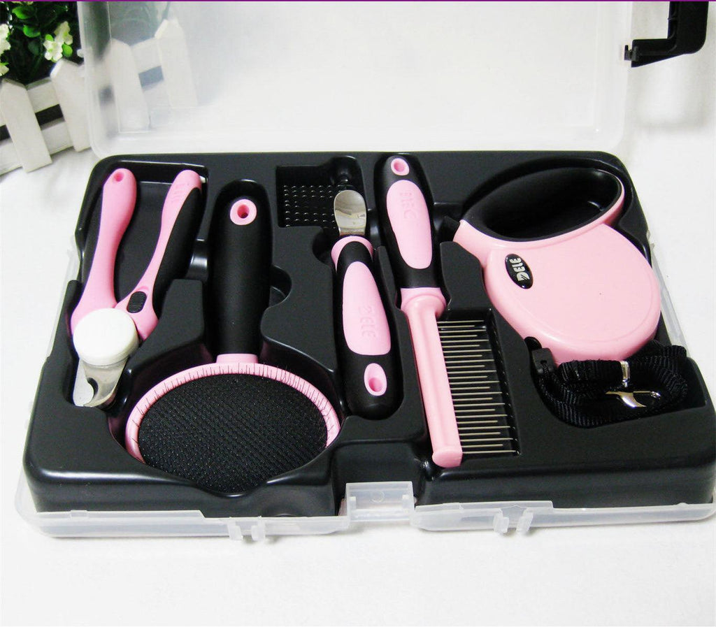 Dog grooming and walking kit with blue traction rope, nail clippers, stainless combs and storage box