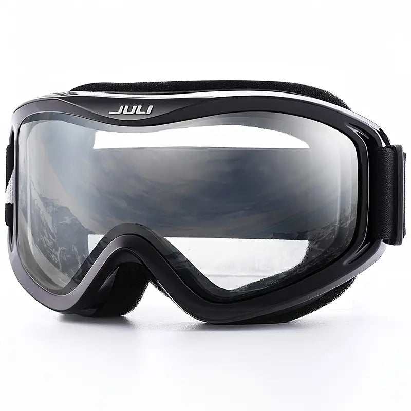 Black and transparent premium ski goggles with reflection lens and adjustable strap for winter sports