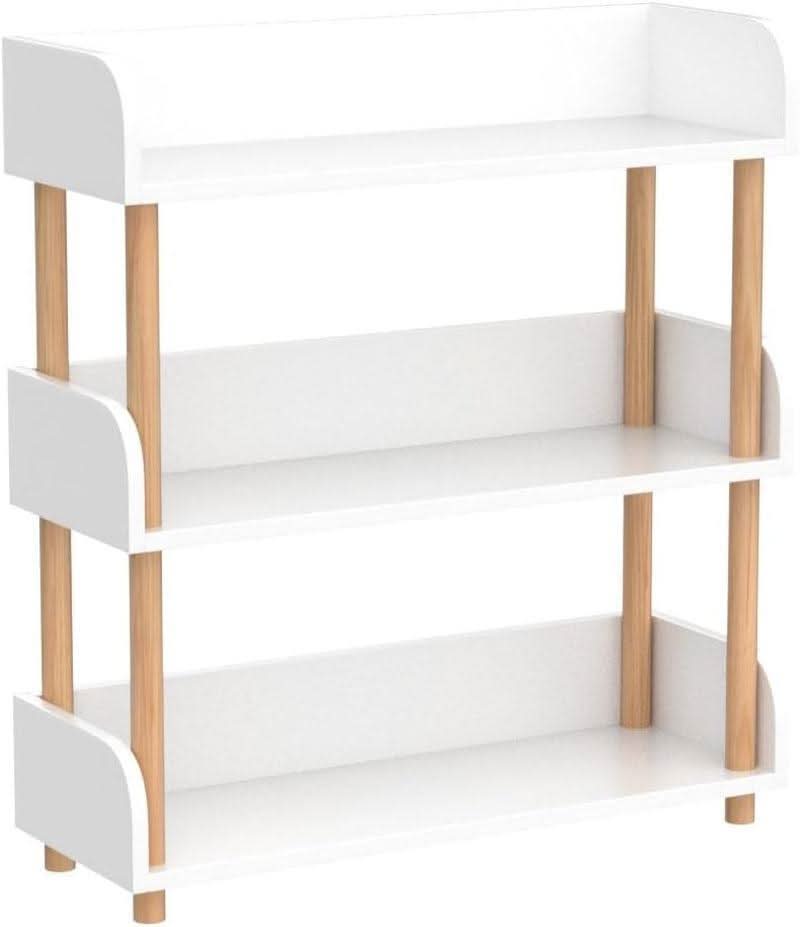 3 tier wooden open bookcase in warm white and oak finish with solid wood legs. — view 4