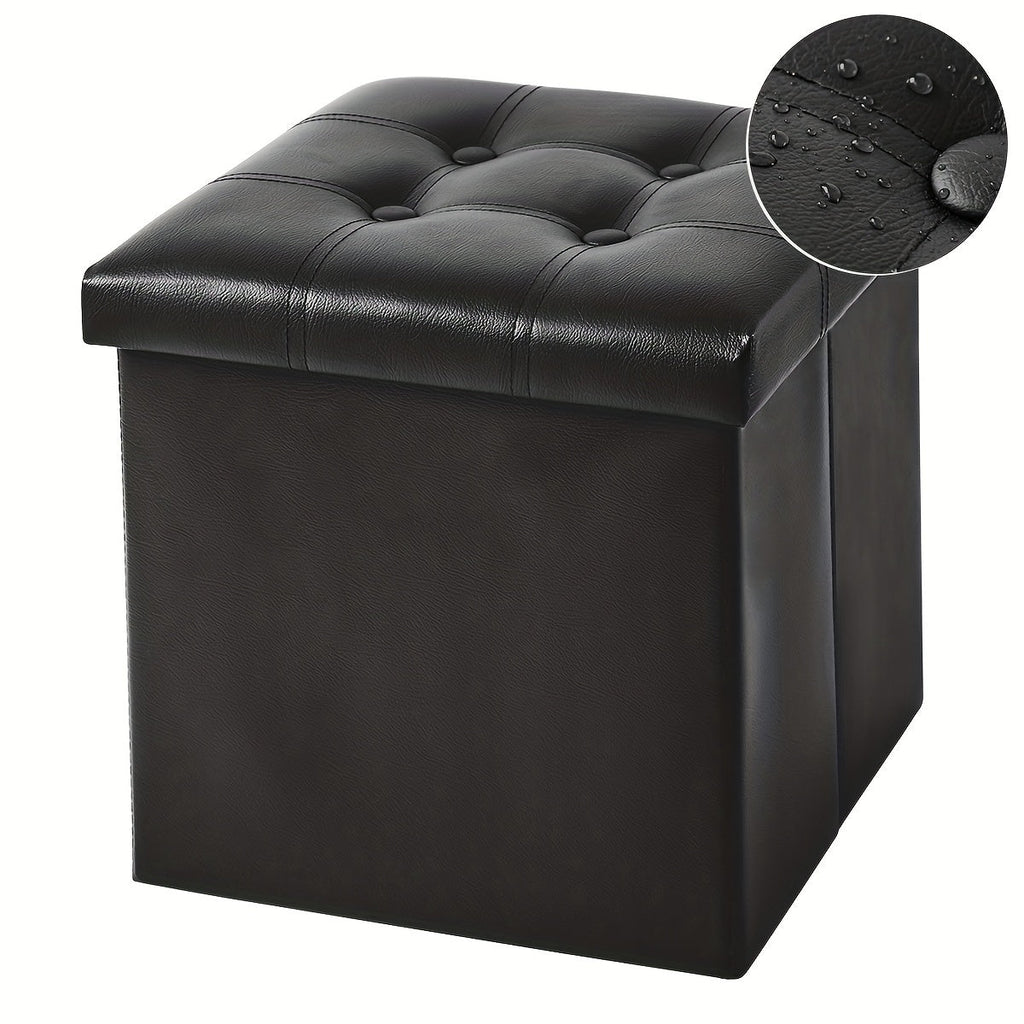 Black foldable faux leather storage stool and footrest for compact living and home organization