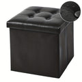 Black foldable faux leather storage stool and footrest for compact living and home organization