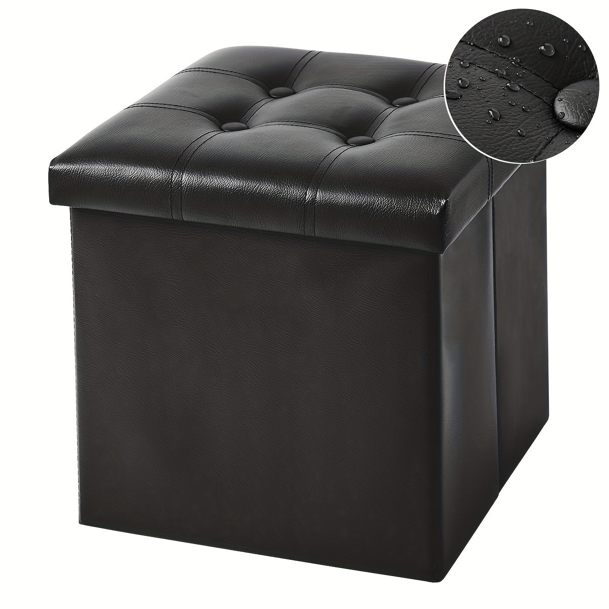Black foldable faux leather storage stool and footrest for compact living and home organization