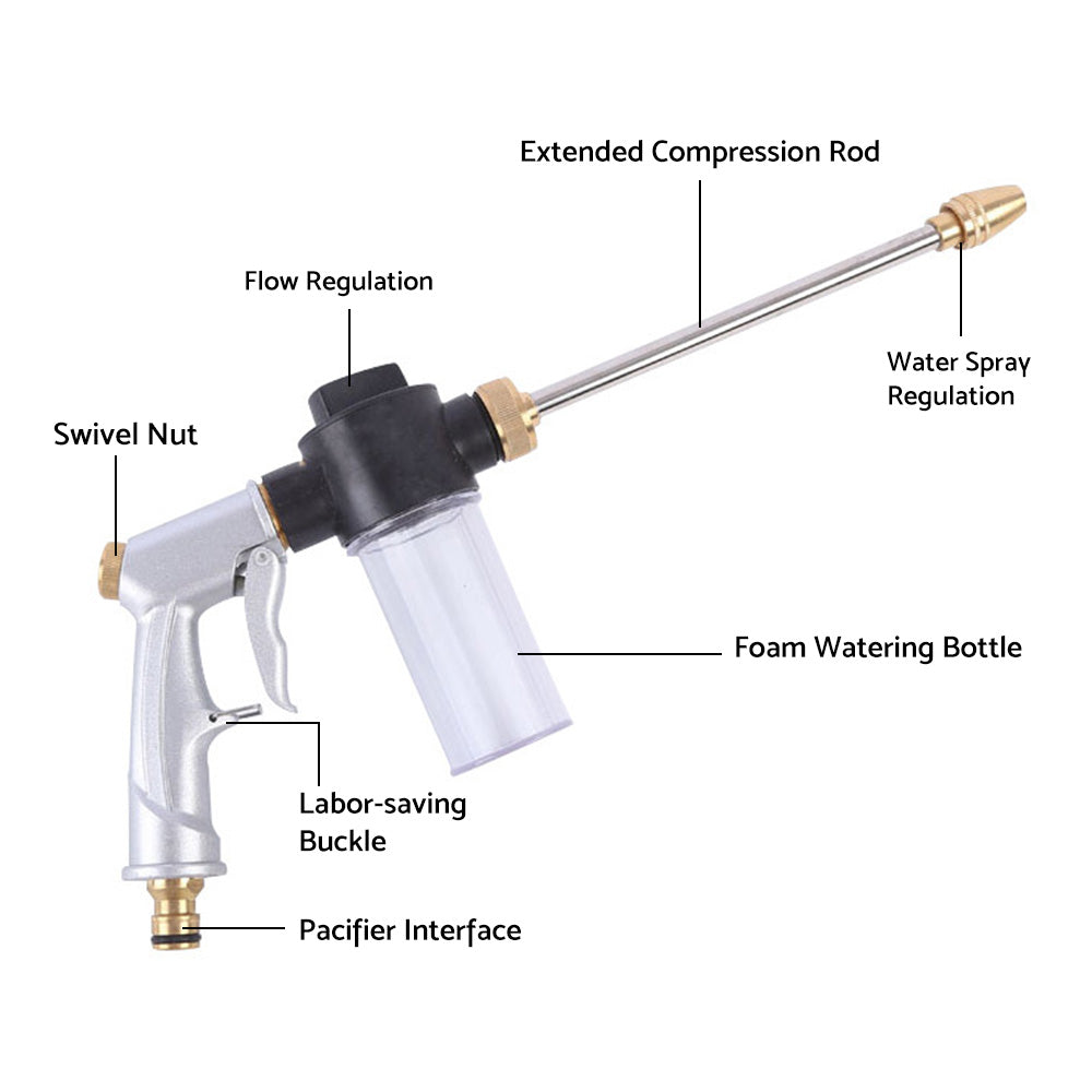 Long pole high pressure garden hose nozzle with attached foam bottle and copper interface fitting — view 4