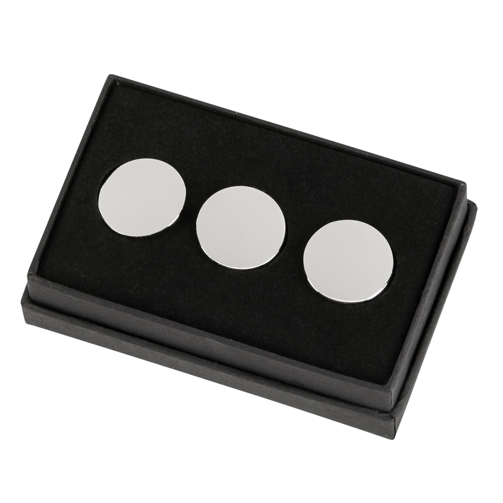 Set of three silver non-tarnish nickel golf ball markers in a premium presentation gift box — view 2