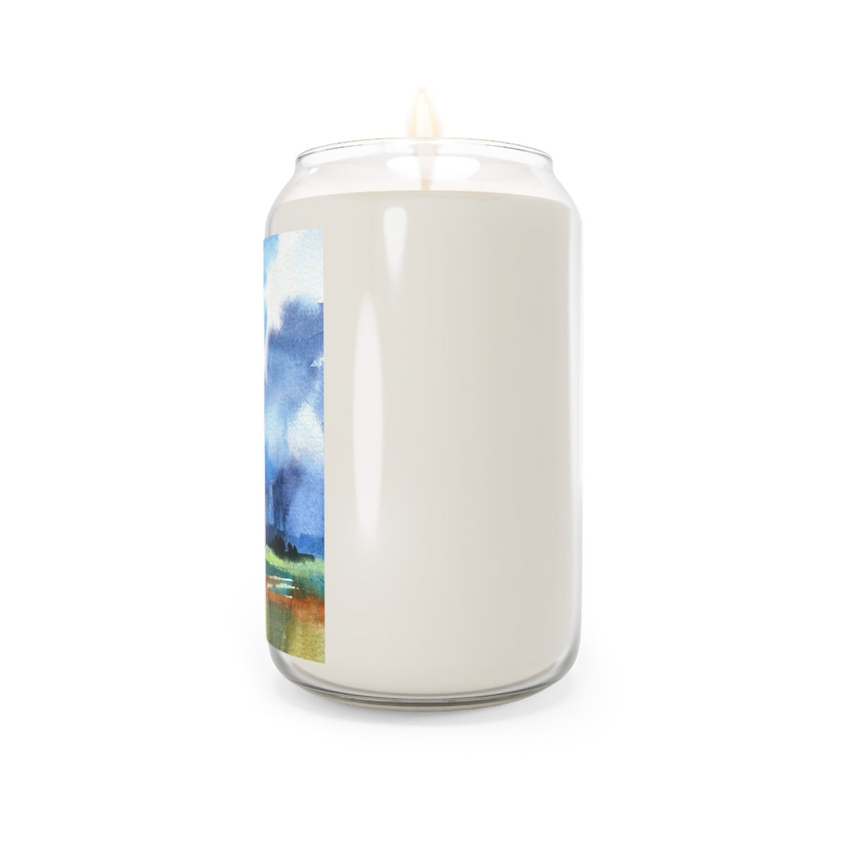 13.75oz Eco-Friendly Scented or Unscented Soy Wax Candle Jar with 'Tranquil Mountain View 4' Landscape Watercolor Artwork by American Artist Barbara Cleary-3