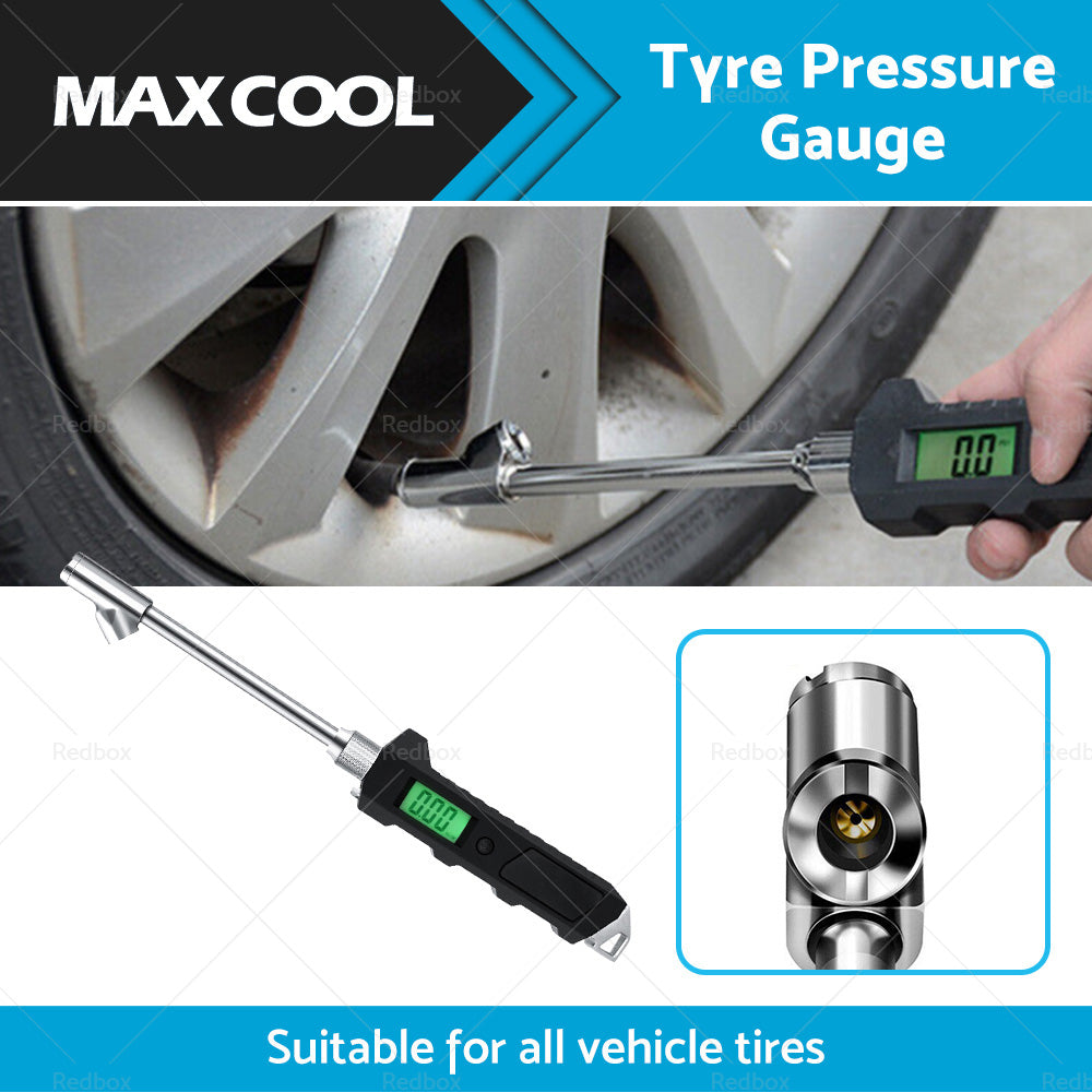 Digital dual-head tire pressure gauge with backlit LCD screen and stainless steel grip — view 2
