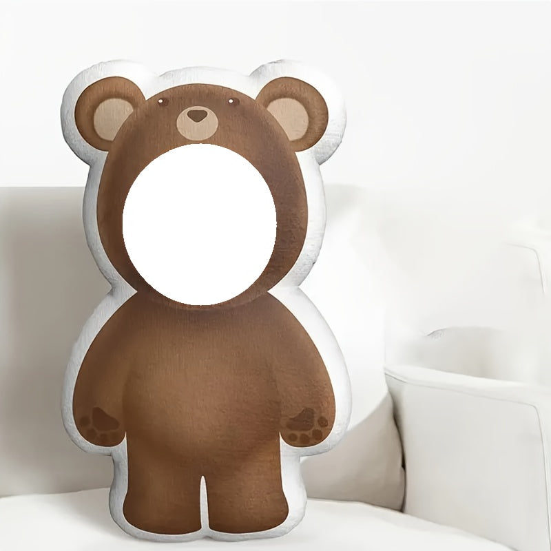 Custom bear face plush pillow with personalized photo detailing crafted from soft mixed color woven polyester — view 2