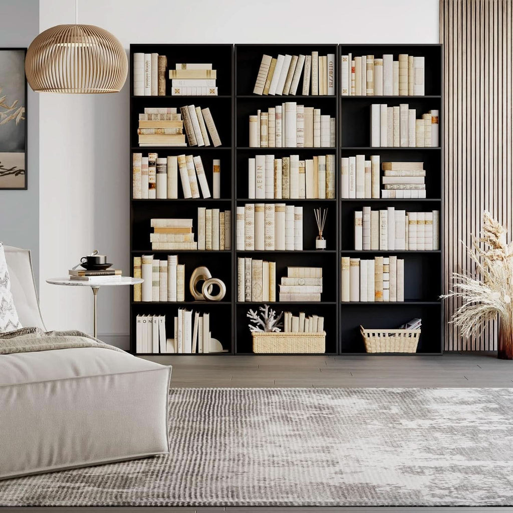 Tall six tier black open bookcase freestanding shelving unit with modern home decor — view 4