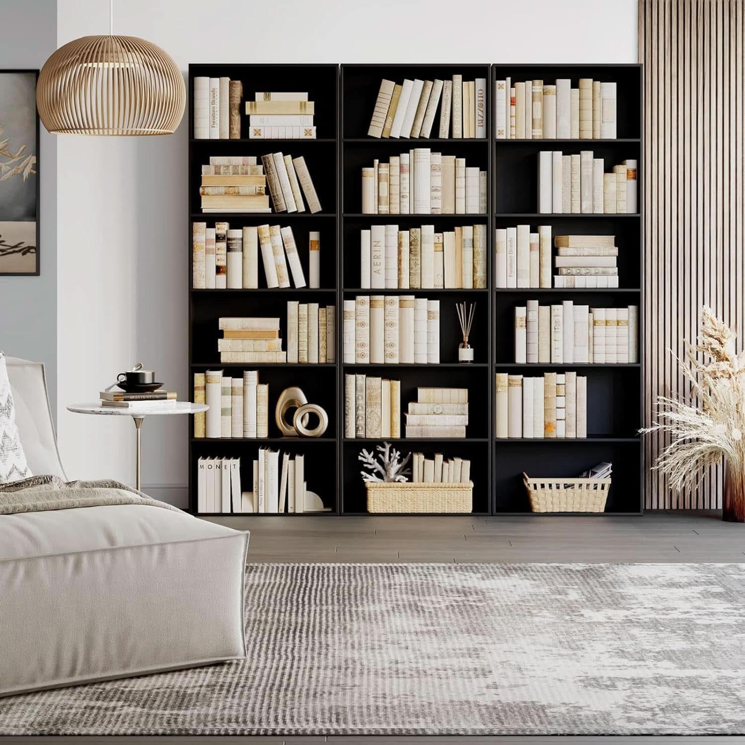 Tall six tier black open bookcase freestanding shelving unit with modern home decor — view 4