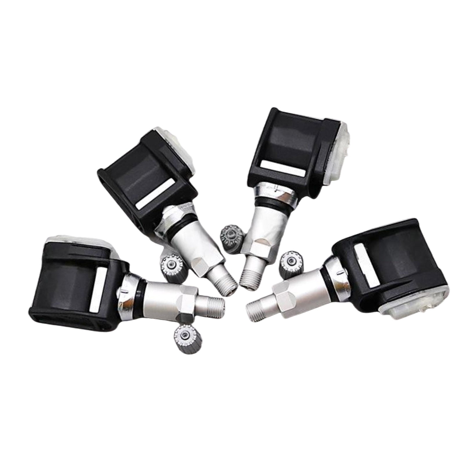 Four black metal and plastic tire pressure monitoring sensors with screw-in mounts for vehicles
