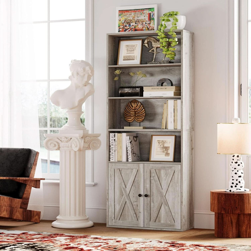 Tall 70-inch industrial bookcase in beige maple with six shelves and farmhouse style lower cabinet doors — view 2