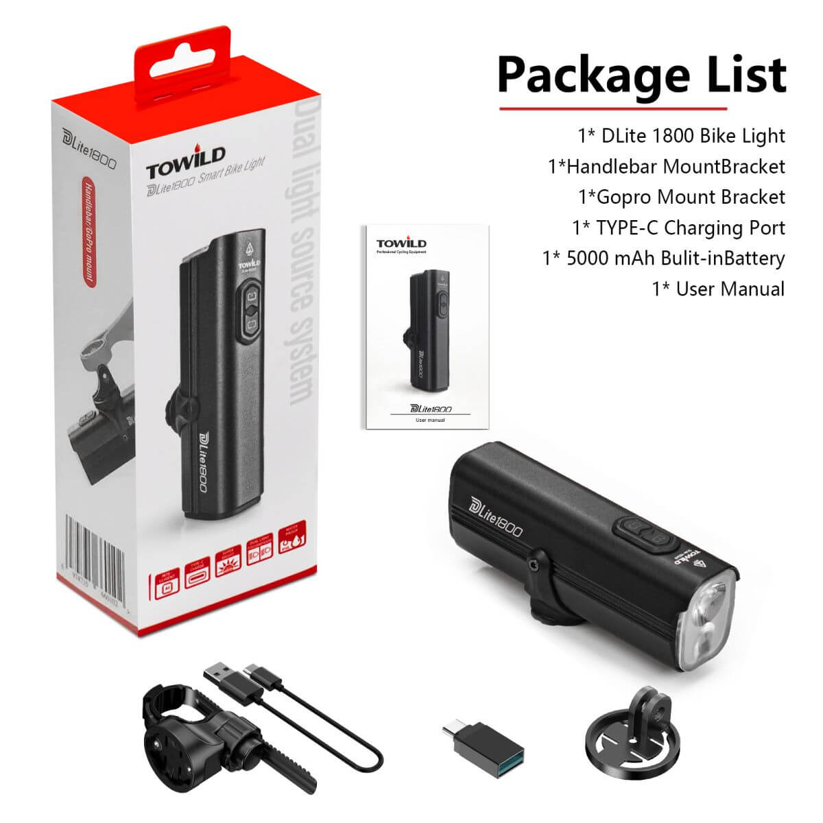 Towild DLite 1800 lumens rechargeable bike front light mounted on a black bicycle handlebar — view 3