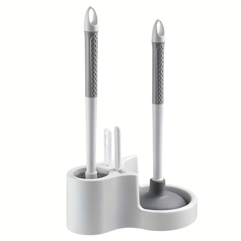 Wall mounted plastic toilet brush set with interchangeable cleaning heads and long ergonomic handle