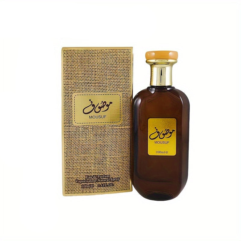 Sleek glass bottle of Arabian musk perfume with woody fragrance notes for men