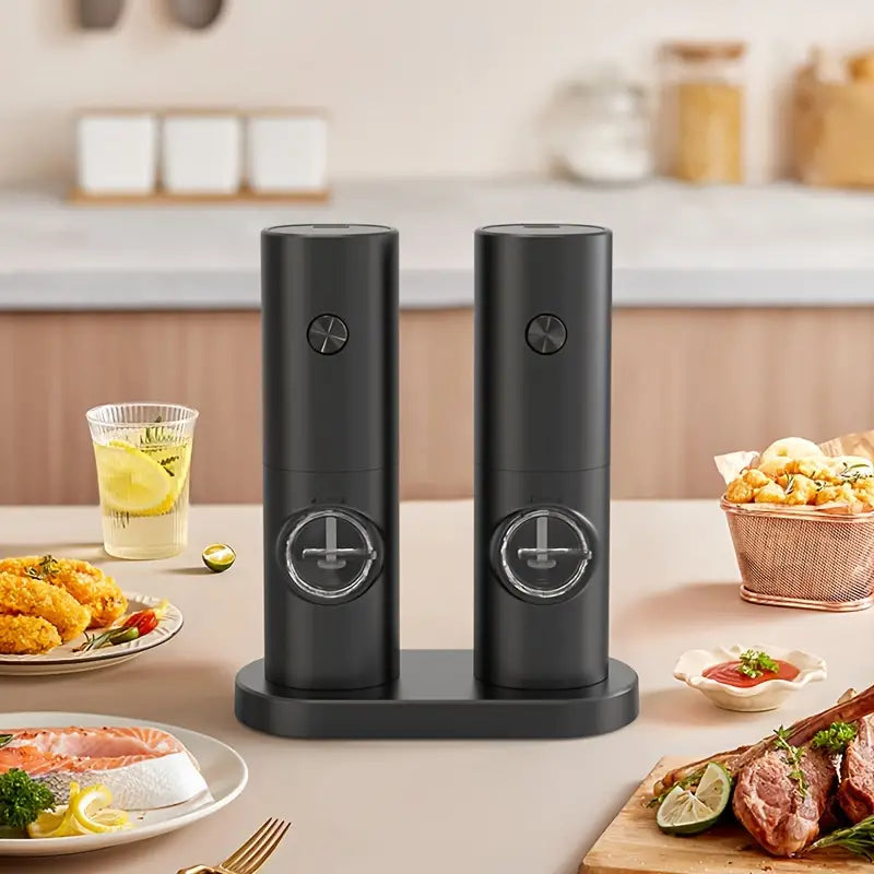 Two compact plastic electric pepper grinder and sea salt mills with one-touch button operation — view 2