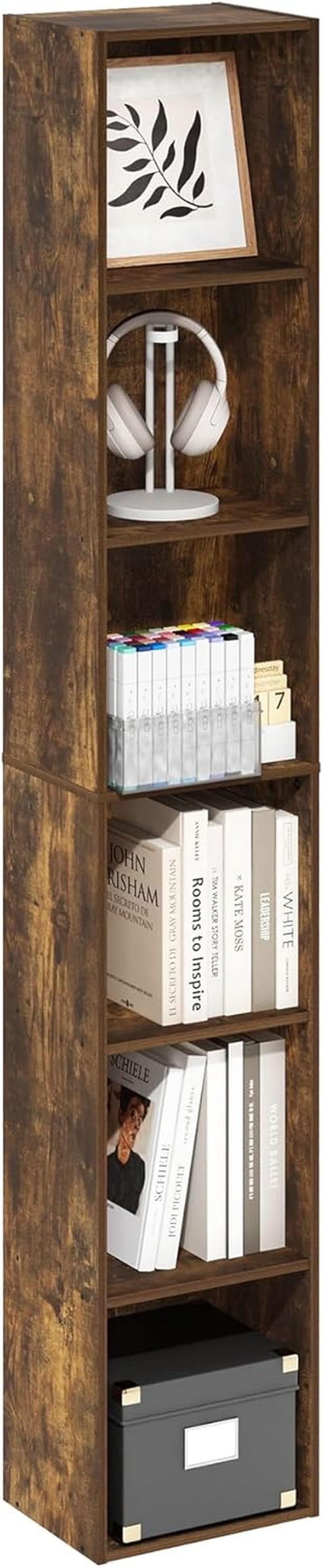 Amber Pine six-tier tall narrow bookcase holding books and decor in a living room corner — view 4
