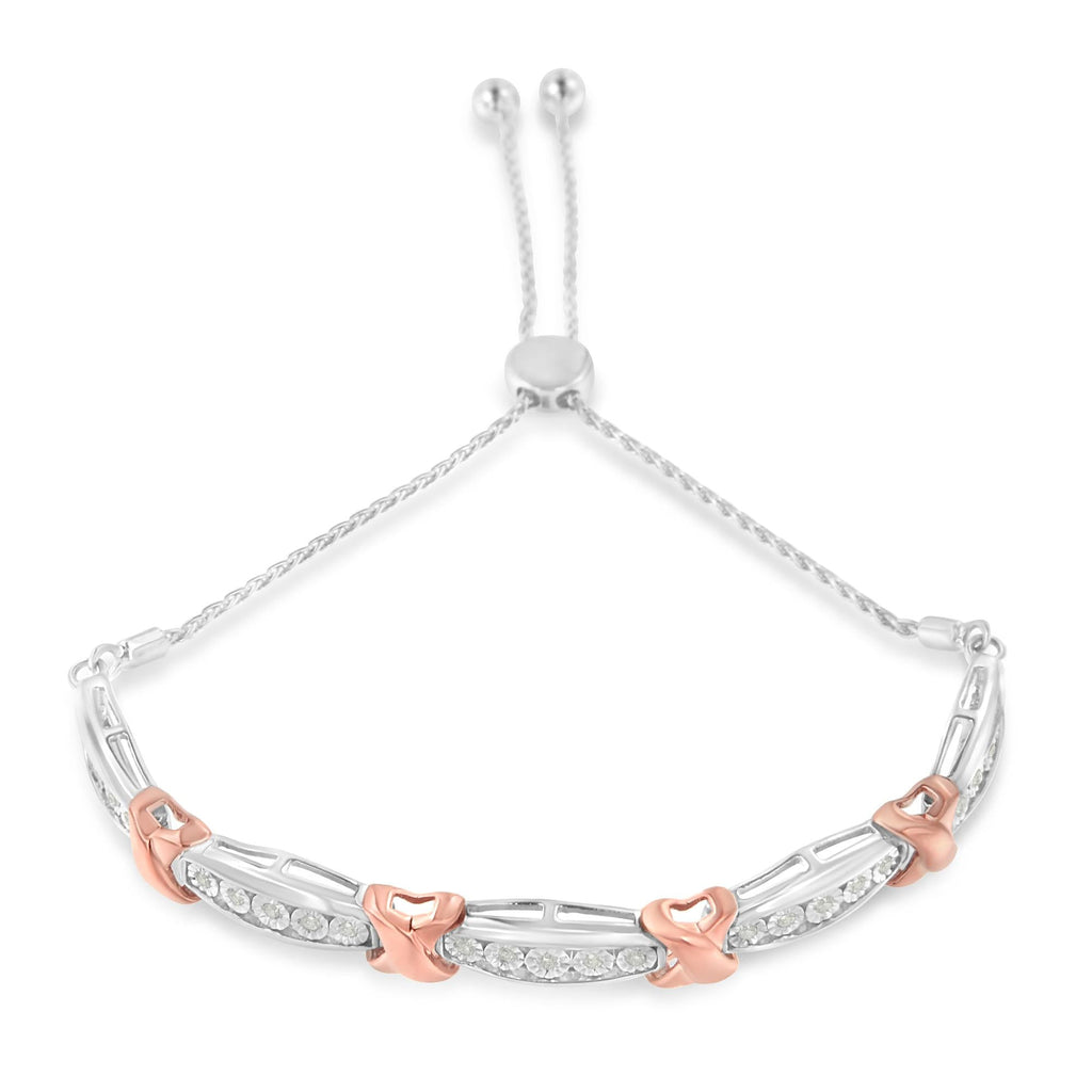 .925 Sterling Silver 1/4 Cttw Round-Cut Diamond X & Tapered Bar Miracle-Set Bolo Bracelet (I-J Color, I3 Clarity) - Two Tone Rose Gold & Silver-1