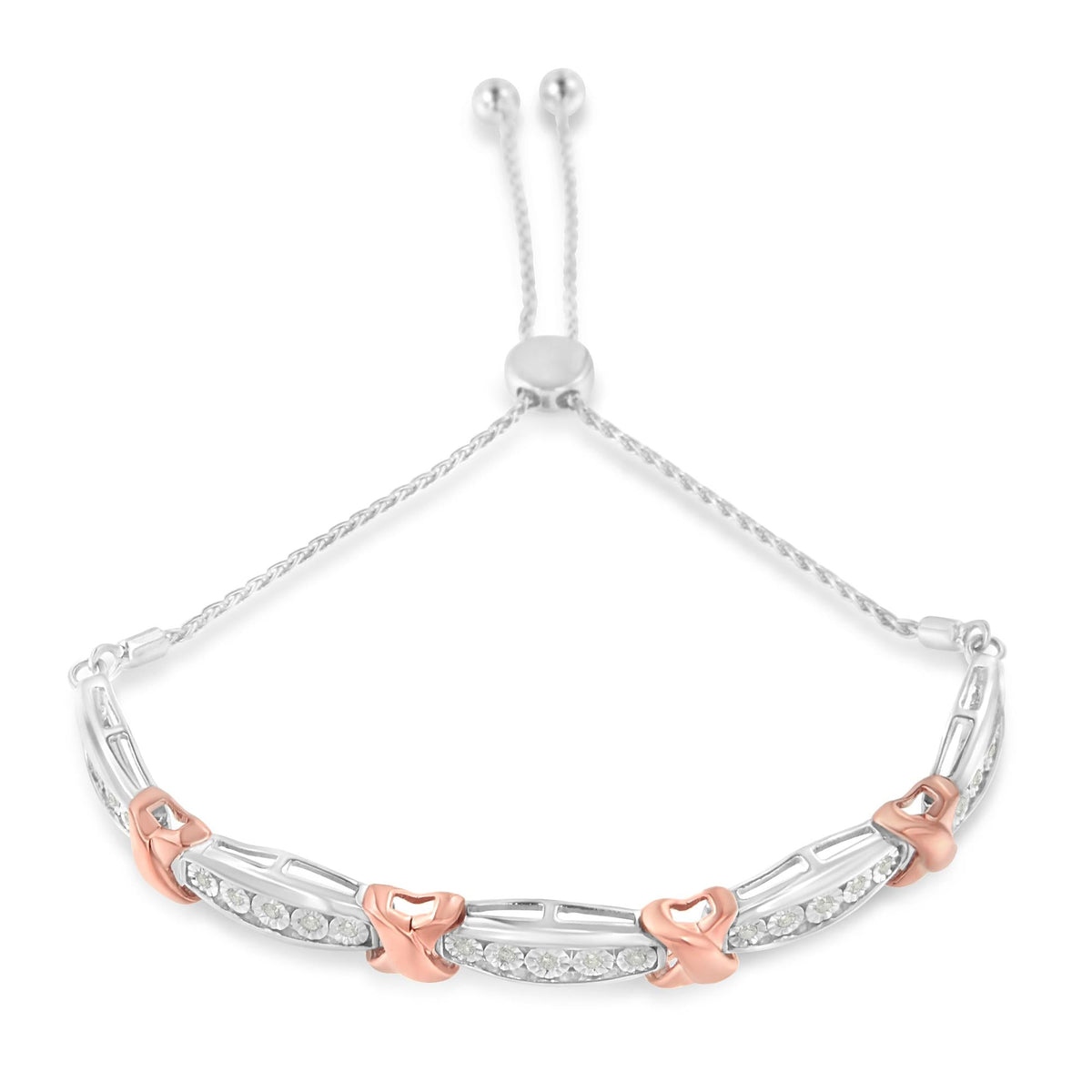 .925 Sterling Silver 1/4 Cttw Round-Cut Diamond X & Tapered Bar Miracle-Set Bolo Bracelet (I-J Color, I3 Clarity) - Two Tone Rose Gold & Silver-1