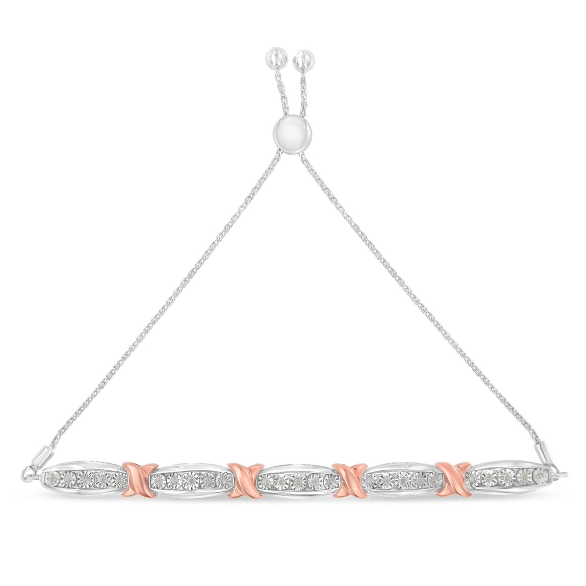 .925 Sterling Silver 1/4 Cttw Round-Cut Diamond X & Tapered Bar Miracle-Set Bolo Bracelet (I-J Color, I3 Clarity) - Two Tone Rose Gold & Silver-3