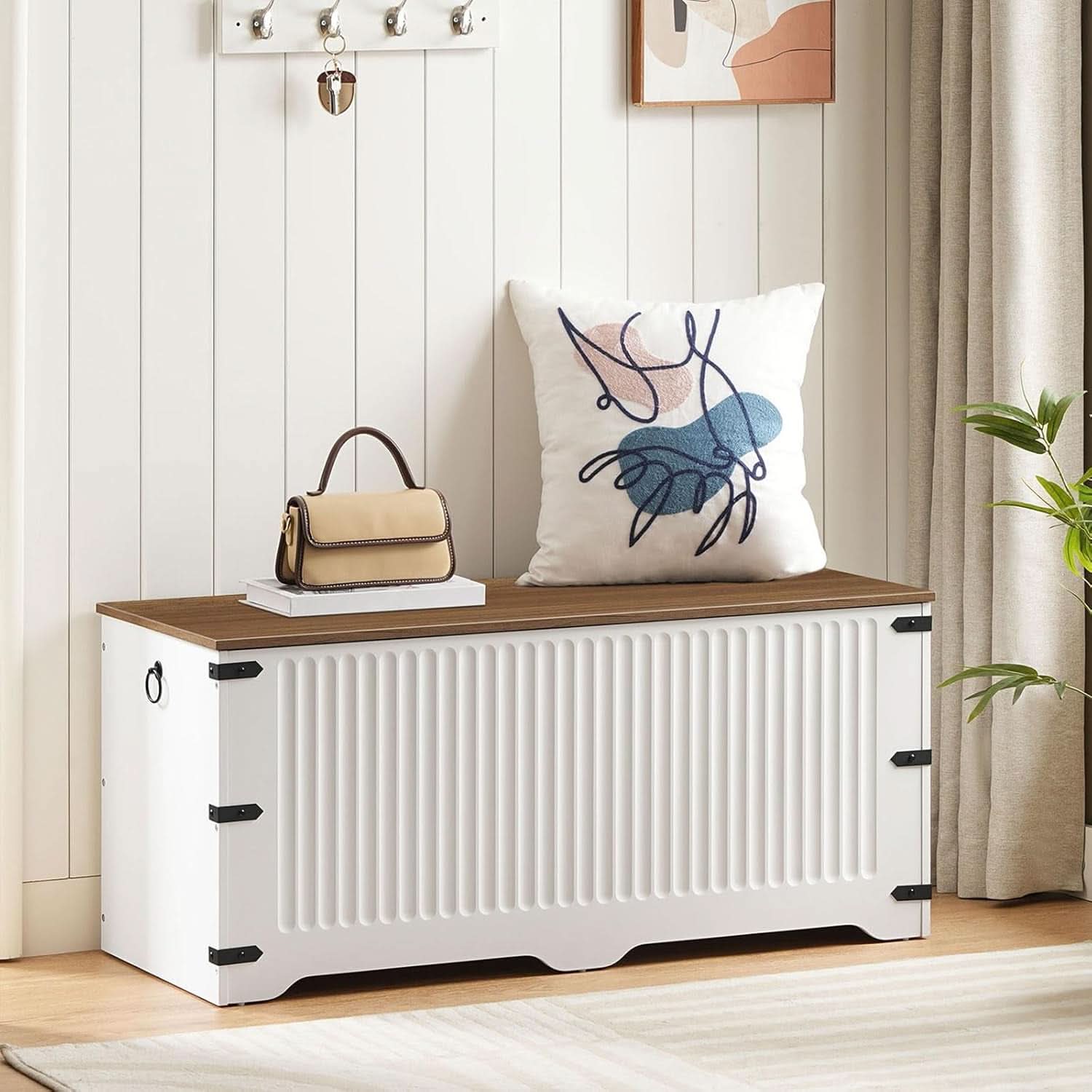 White and walnut farmhouse storage bench toy chest with safety hinge and side pull rings — view 4