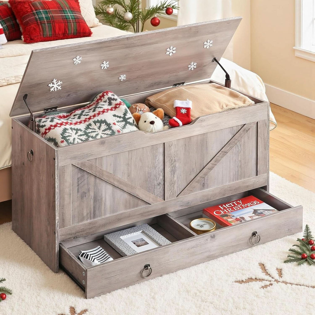 Greige solid wood storage bench toy chest with a bottom sliding drawer and U-shaped opening — view 2