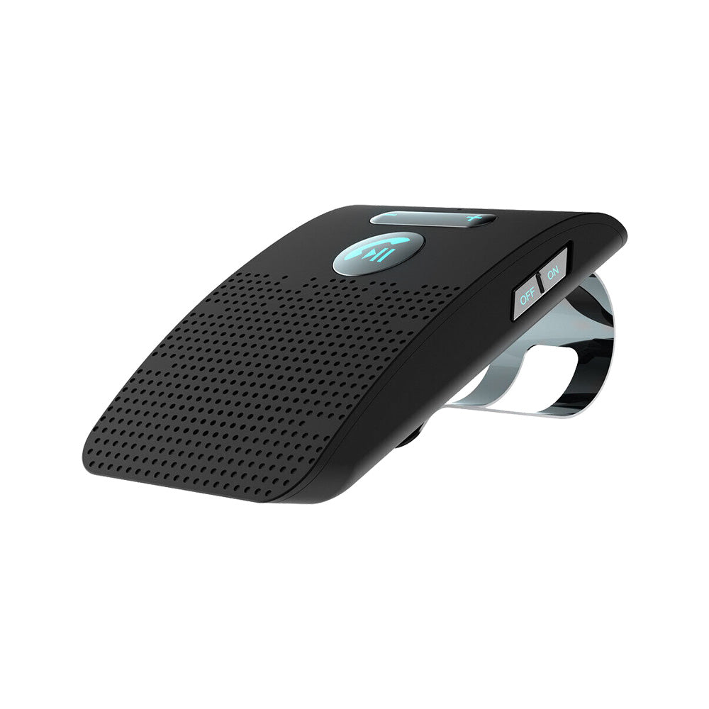 Black wireless Bluetooth handsfree car speakerphone with sun visor clip and sleek minimalist design