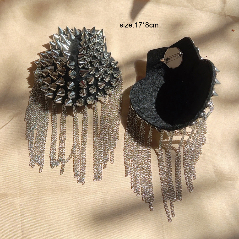 2pcs Fashionable Rivet Fringe Shoulder Epaulet Brooch Edgy Accessories-3