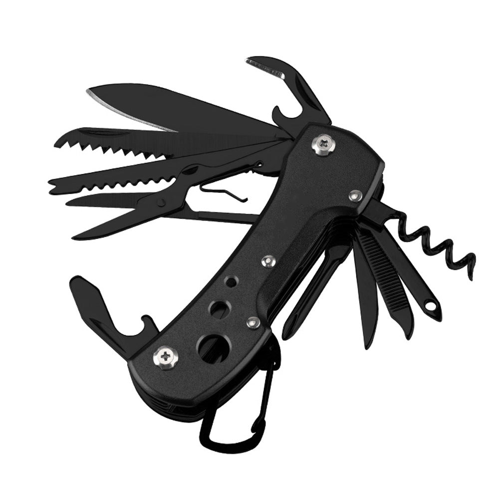 Mysterious black folding multi-tool pocket knife with stainless steel blades and outdoor survival tools. — view 5