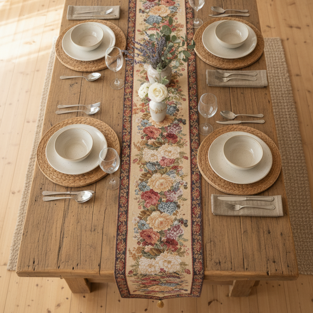 Colorful woven floral table runner with rustic country design on a wooden dining table surface — view 4
