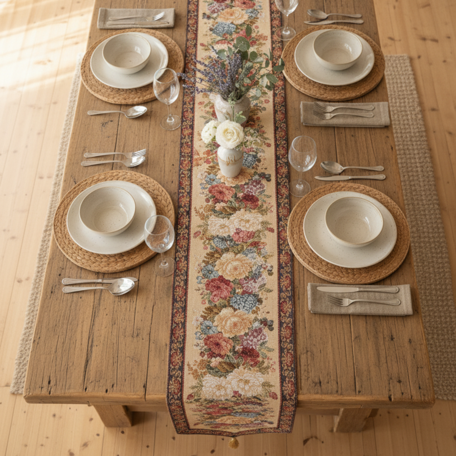 Colorful woven floral table runner with rustic country design on a wooden dining table surface — view 4
