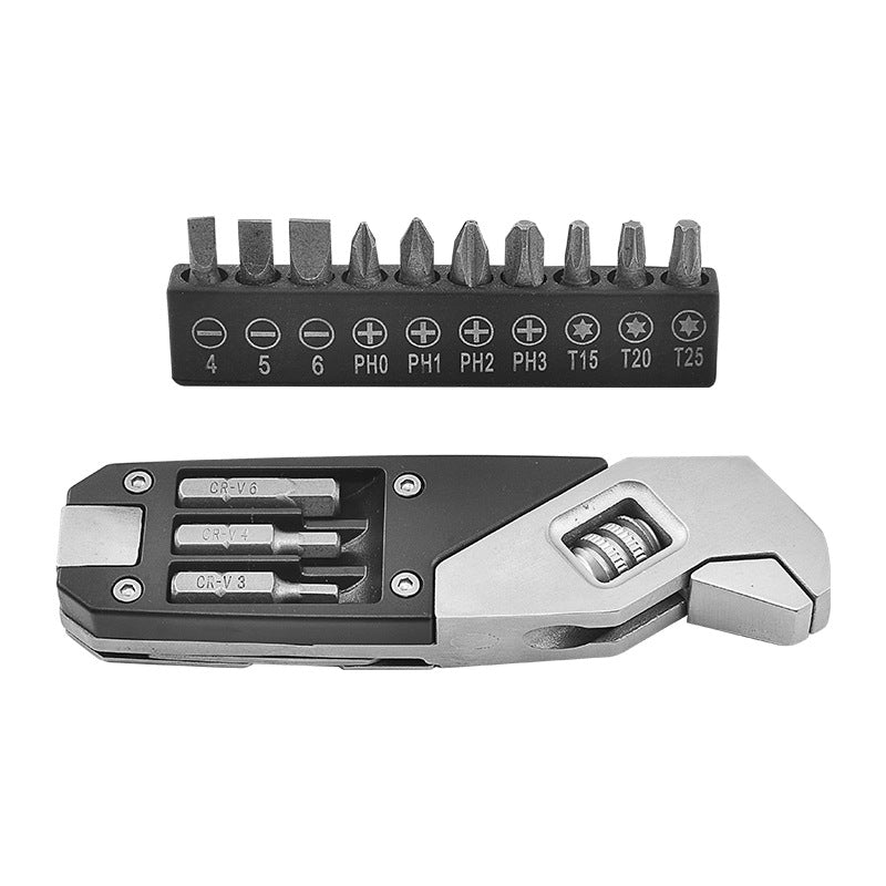 Stainless steel 8-in-1 folding multitool wrench with pliers, knife, and screwdrivers deployed. — view 5