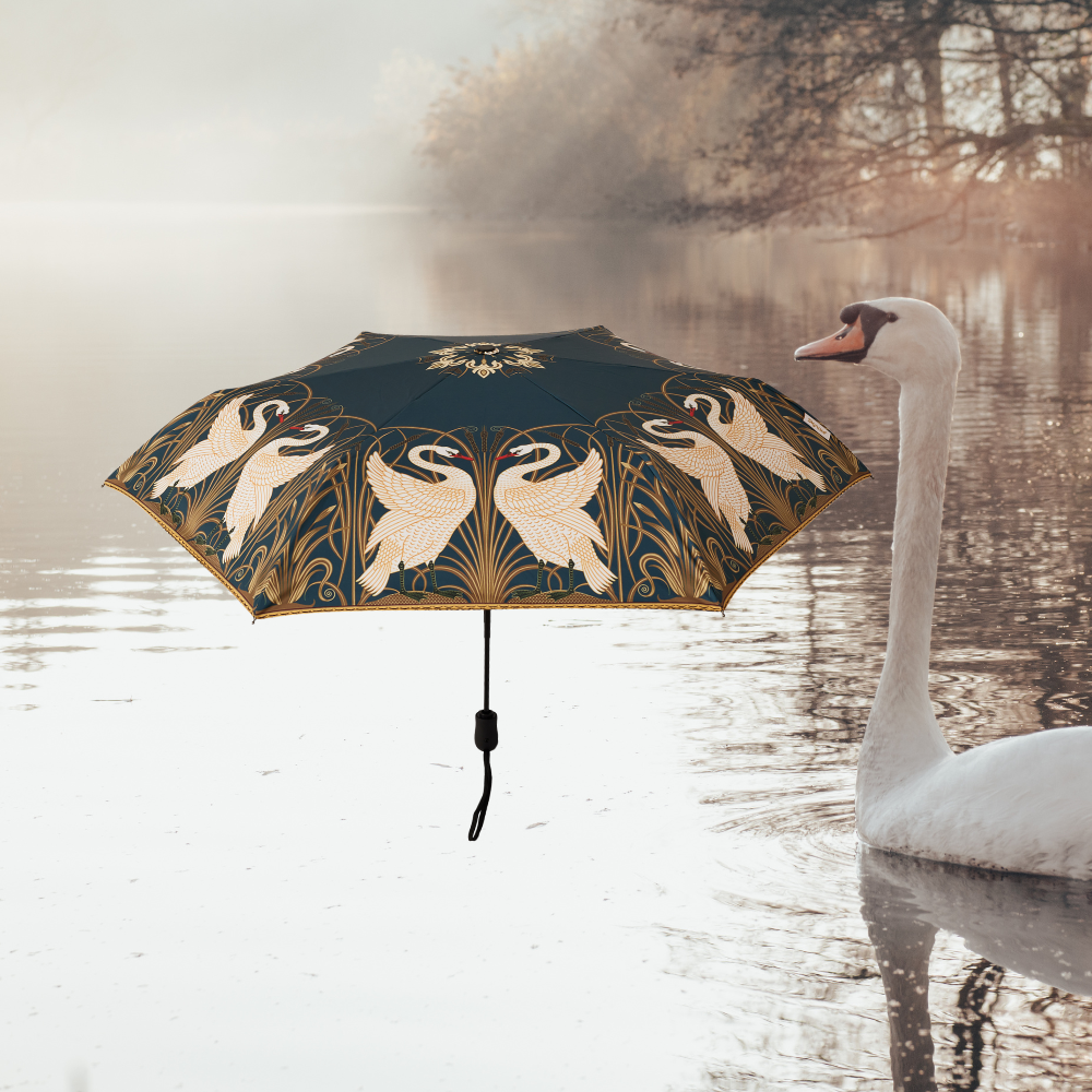 Swan patterned automatic folding umbrella with a matching storage sleeve and UPF 50 canopy. — view 5