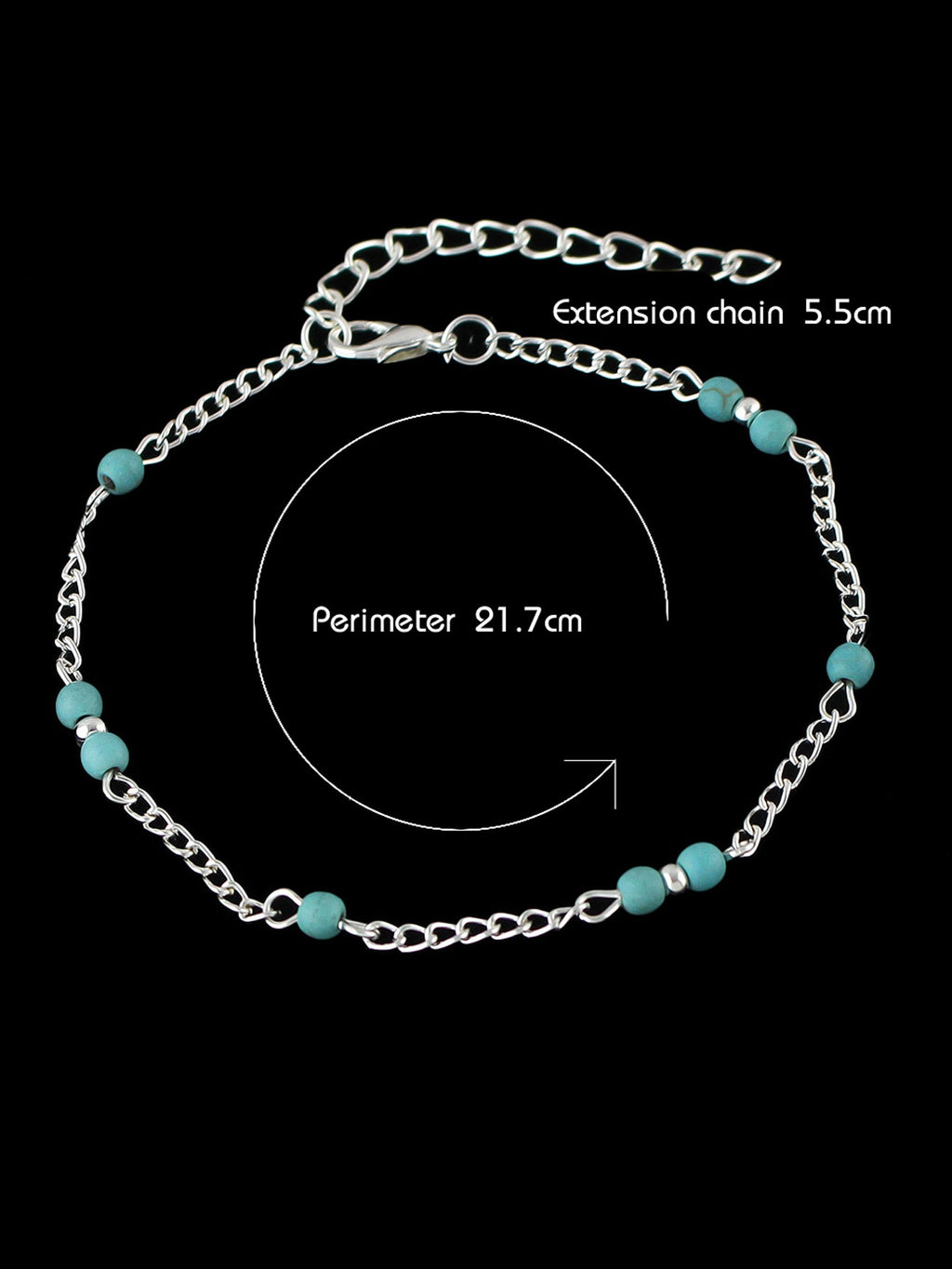 Boho chic turquoise barefoot sandal anklet with delicate silver chains draped gracefully over a foot — view 5