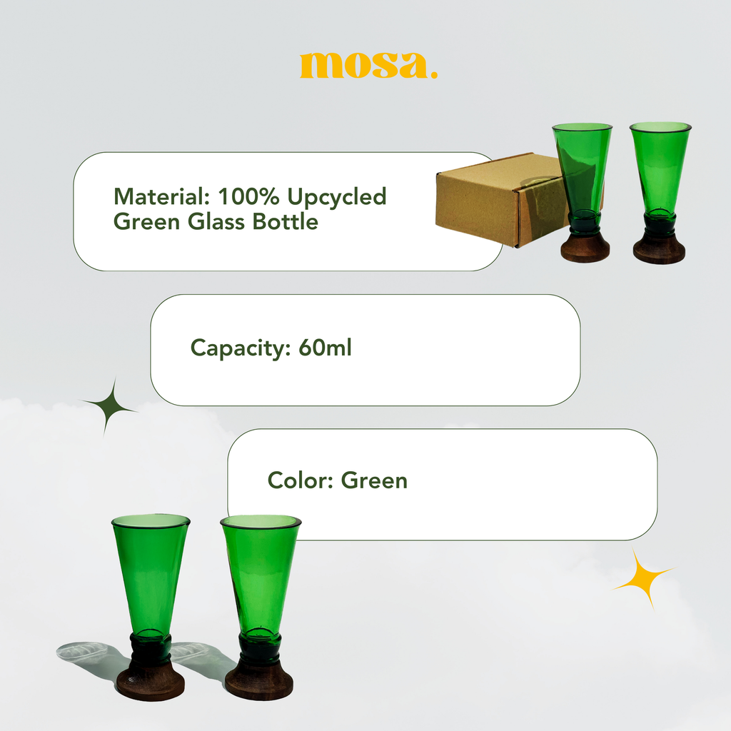 Green shot glasses made from upcycled glass bottles arranged neatly for a party setting — view 5