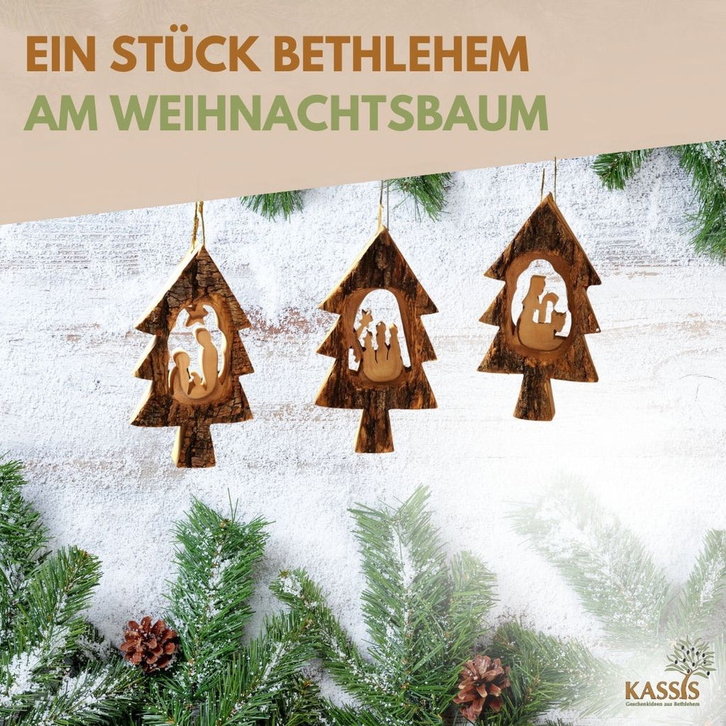 Krippen-Anhänger aus Olivenholz im Tannenbaum mit Rinde (3er Set) | Baumschmuck & Weihnachtsdeko für Advent und Weihnachten-4